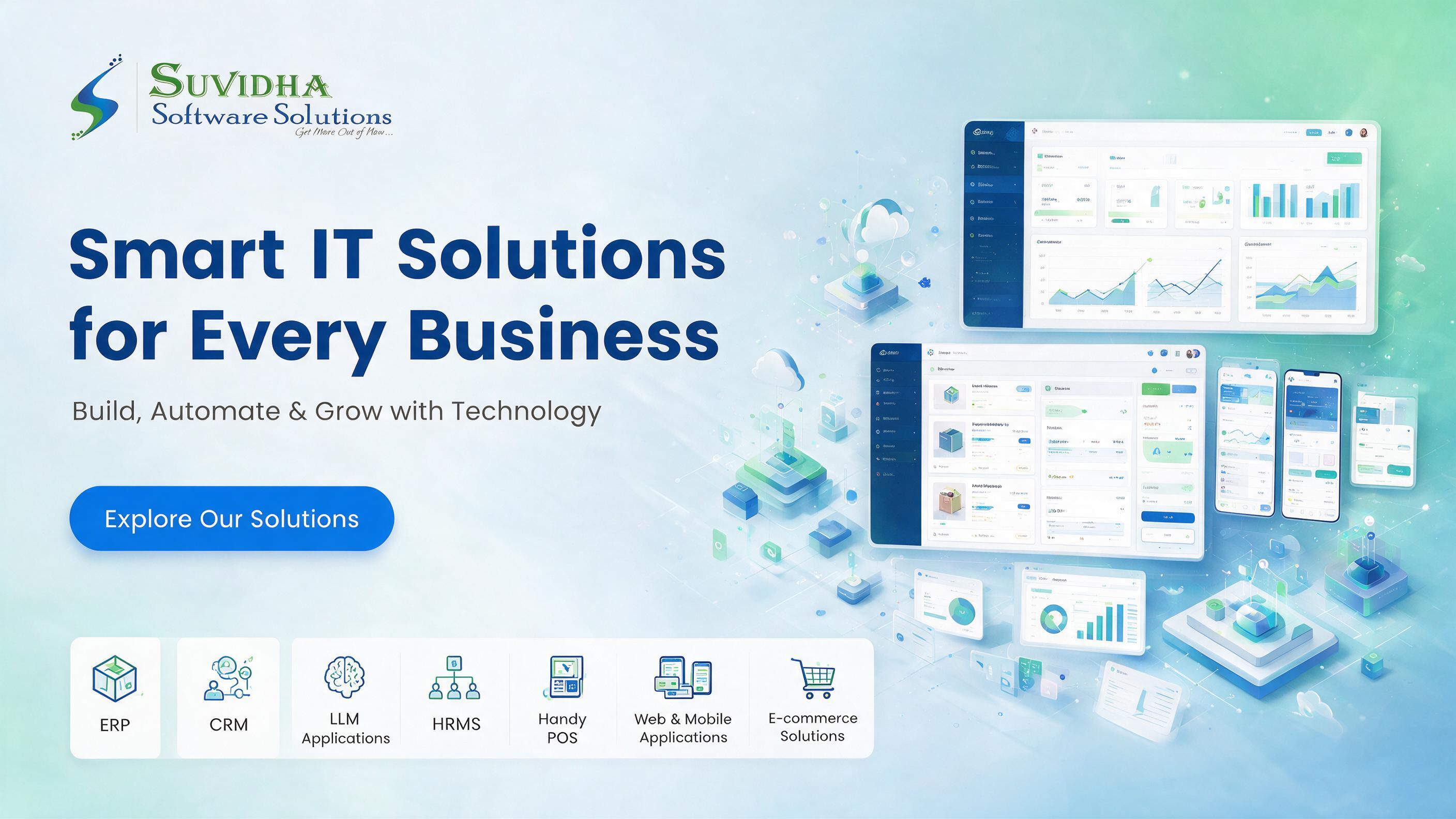 ERP, CRM, HRMS, POS, web, mobile and e-commerce solutions by Suvidha Software Solutions